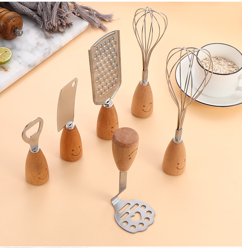 Smiling face wooden handle stainless steel potato puree maker, creative egg beater, grater, small kitchen knife for cutting and pressing potatoes pic 15
