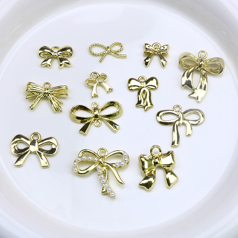 ins alloy retro gold bow double hanging Single hanging through-hole pendant collection, DIY jewelry accessories, handcrafted materials pic 3