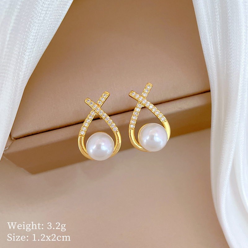 【钛钢】项链耳环套装轻奢满钻交叉珍珠个性气质宴会耳饰项饰组详情7