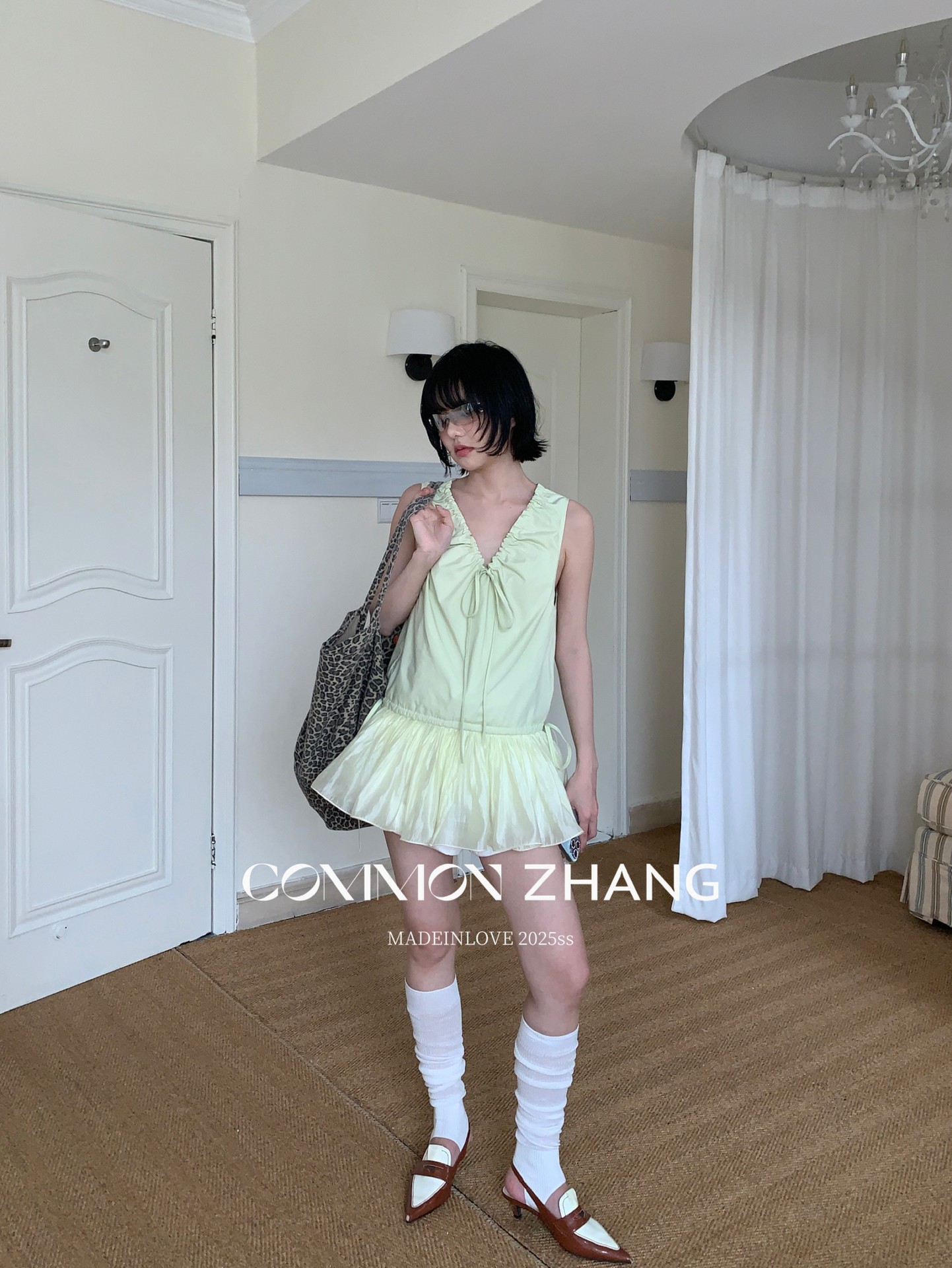 CZ ZHANG Summer French mint Manbo V-neck lace-up Youthful A-line puffed vest dress for women, B23782 pic 8