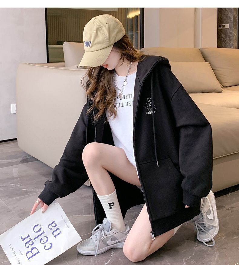 外套女秋季爆款2023新款中长款宽松大码学院风休闲连帽卫衣ins潮详情17