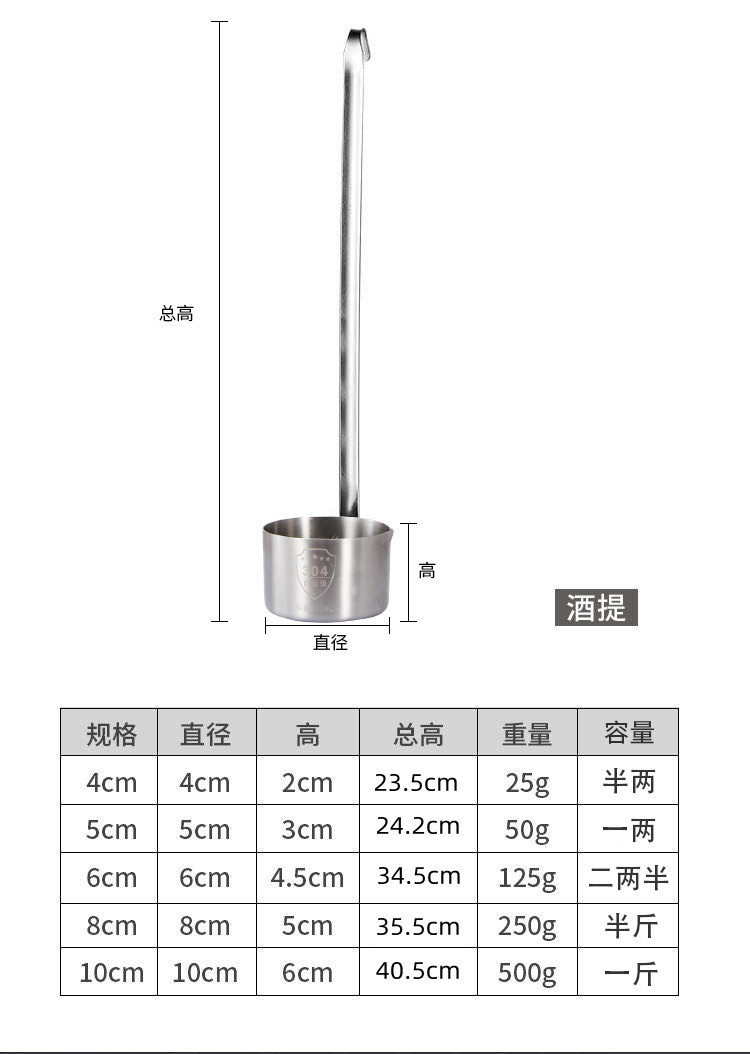 白钢大口径漏斗加机油酒提子304不锈钢家用量酒器酒勺子详情1