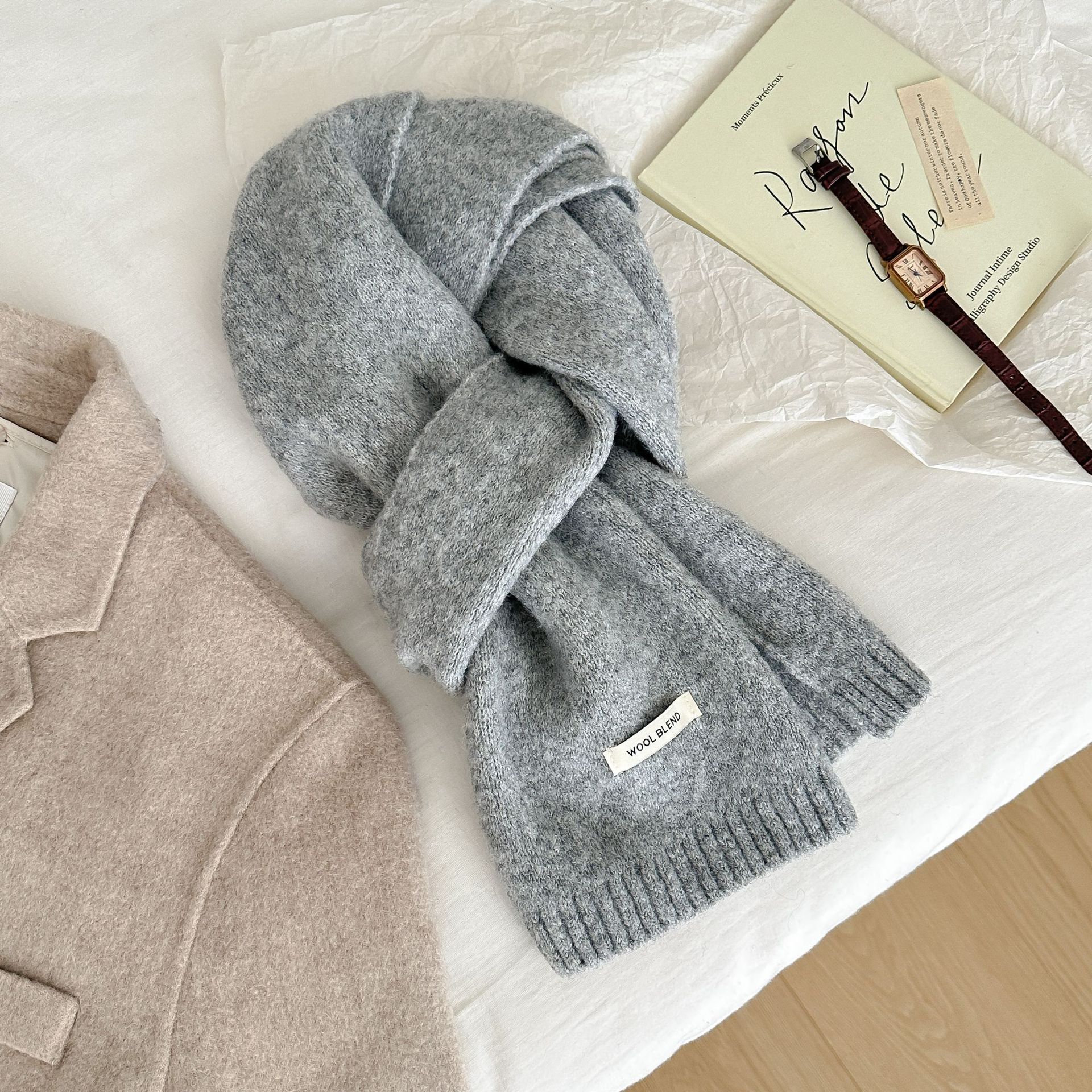 Solid-color wool blend scarf for women, autumn and winter, knitted woolen, warm, Korean-style, versatile, fashionable, fresh and sweet neck pic 36