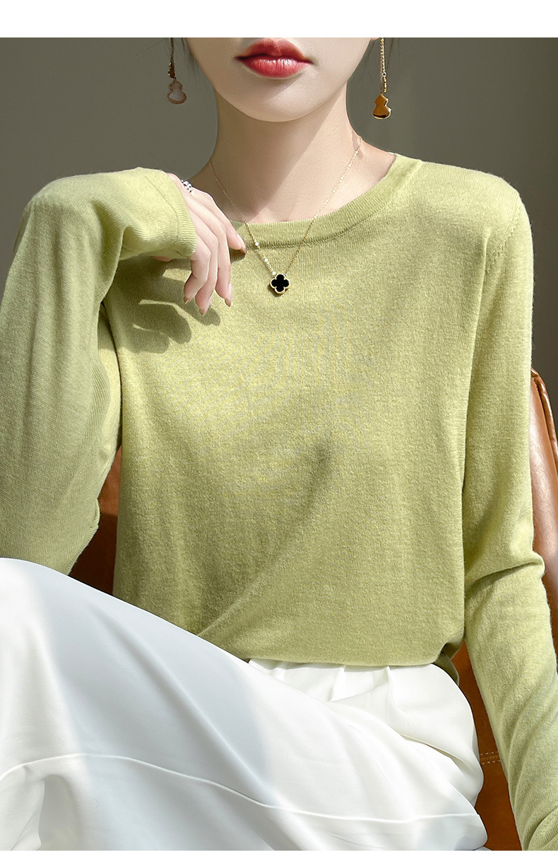 A fine-spun fine wool knitted sweater for women with a round neck, thin spring loose long-sleeved mulberry silk T-shirt, paired with a base layer top pic 7