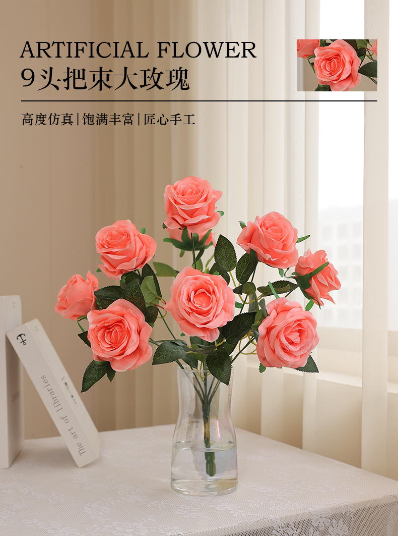 HuaYi domésticos falsa flor ornamental HunQing suministros novia la cabeza hay 9 gran emulación rosas de simulación cultural horticultura flores LiHe pic 13