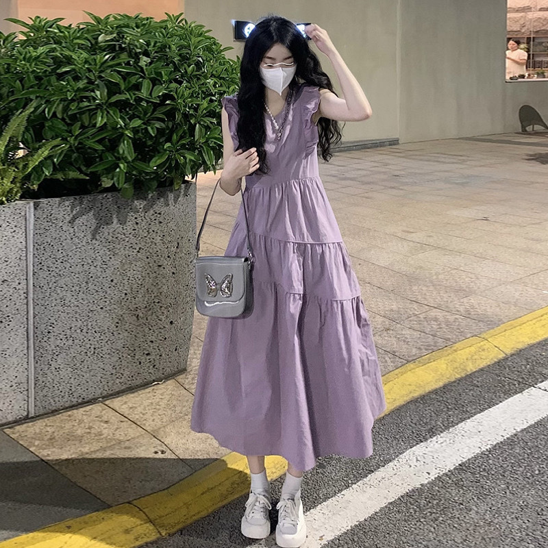 紫色小飞袖温柔风连衣裙夏季女2025新款蓬蓬裙法式设计感奶甜裙子详情4