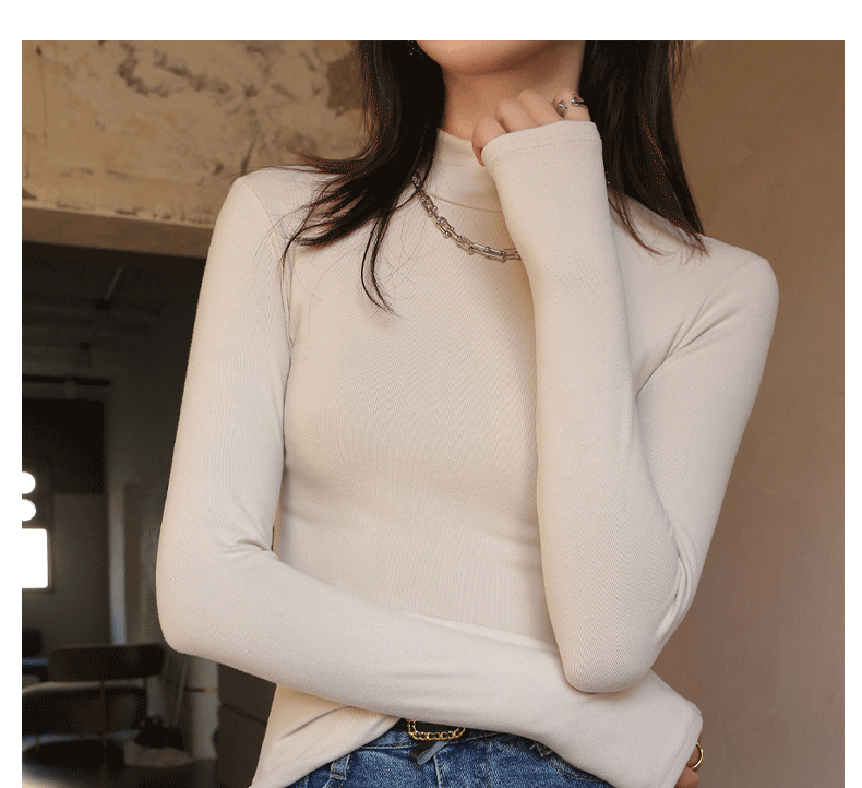 A semi-high-necked fleece base layer for women to wear as an inner layer in autumn and winter. It is a long-sleeved mid-necked solid color fitted base layer pic 20