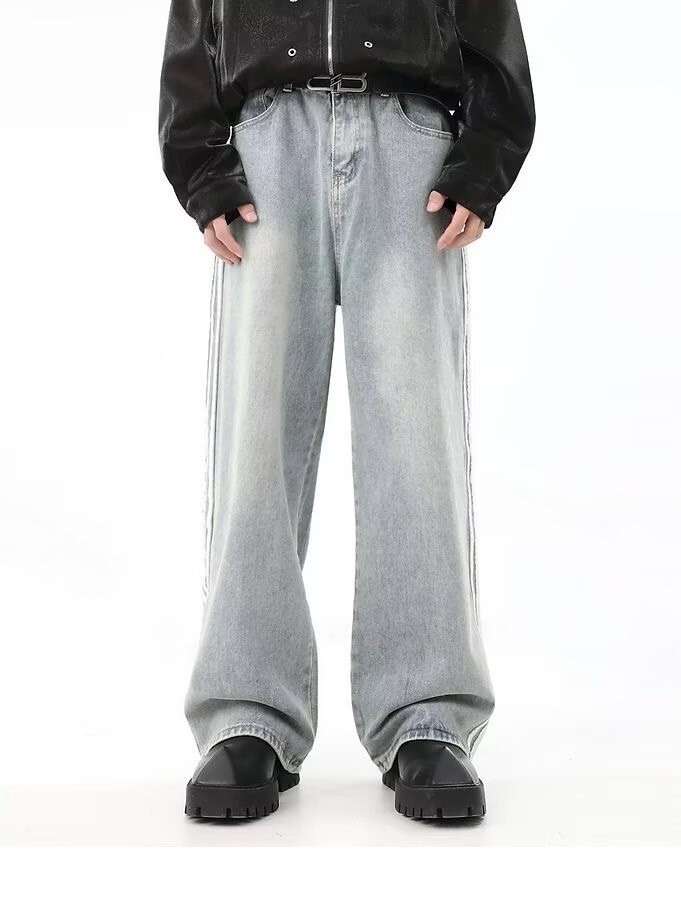 FUIV 美式条纹拼接牛仔裤男潮复古直筒宽松高街高街潮流痞帅长裤详情6