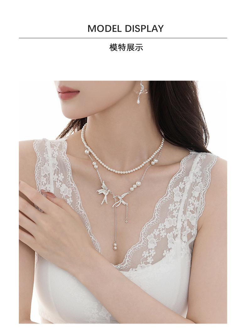 New Chinese-style double-layer cascading pendant feather chain pearl necklace for women, fashionable, exquisite, versatile and high-end collarbone chain wholesale pic 8