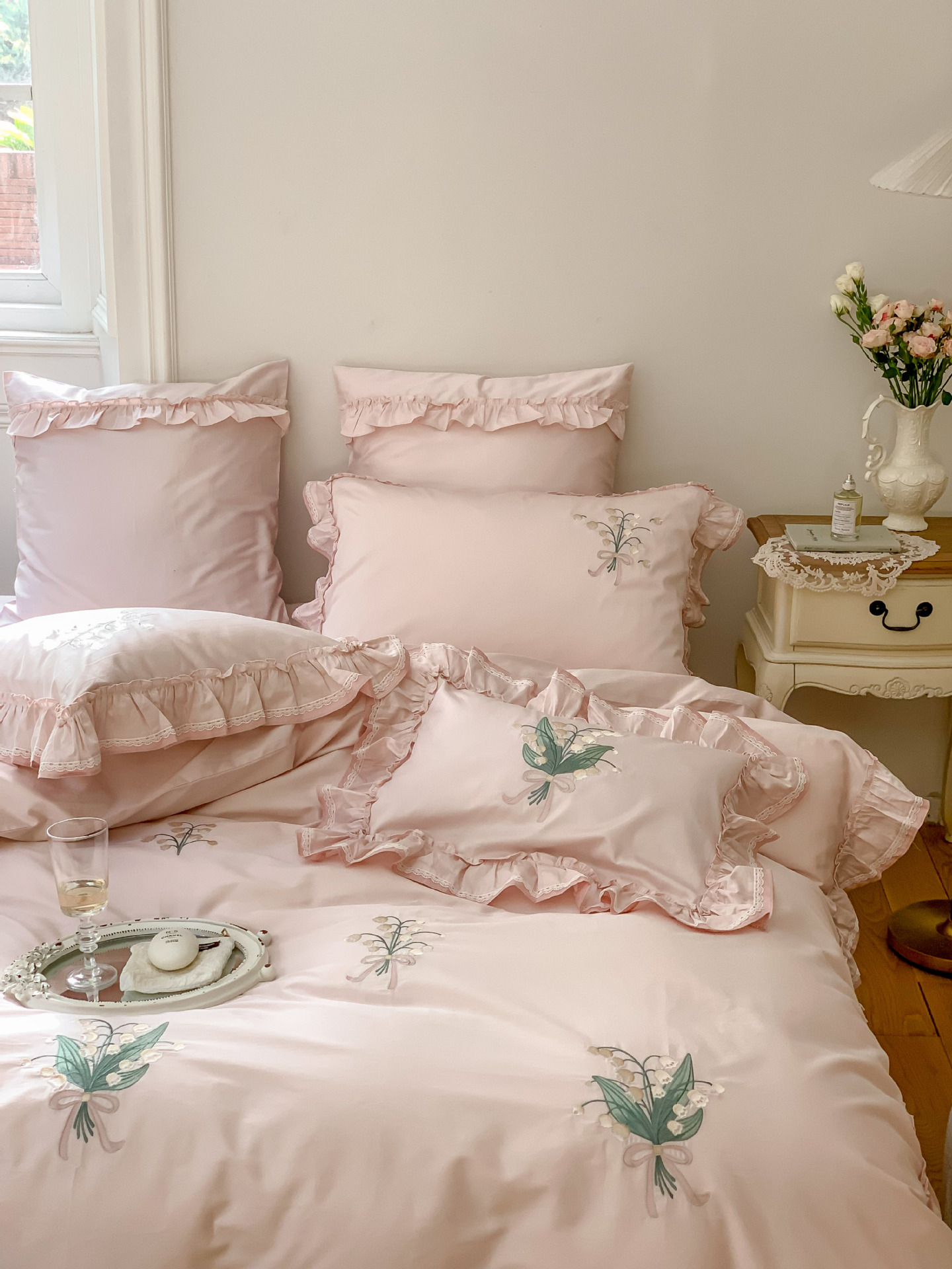 Classical embroidery double-piece natural color fabric with ruffled edges and rounded corners, 100S Australian cotton double-strand Gongbrocade, long-staple cotton four-piece set pic 18