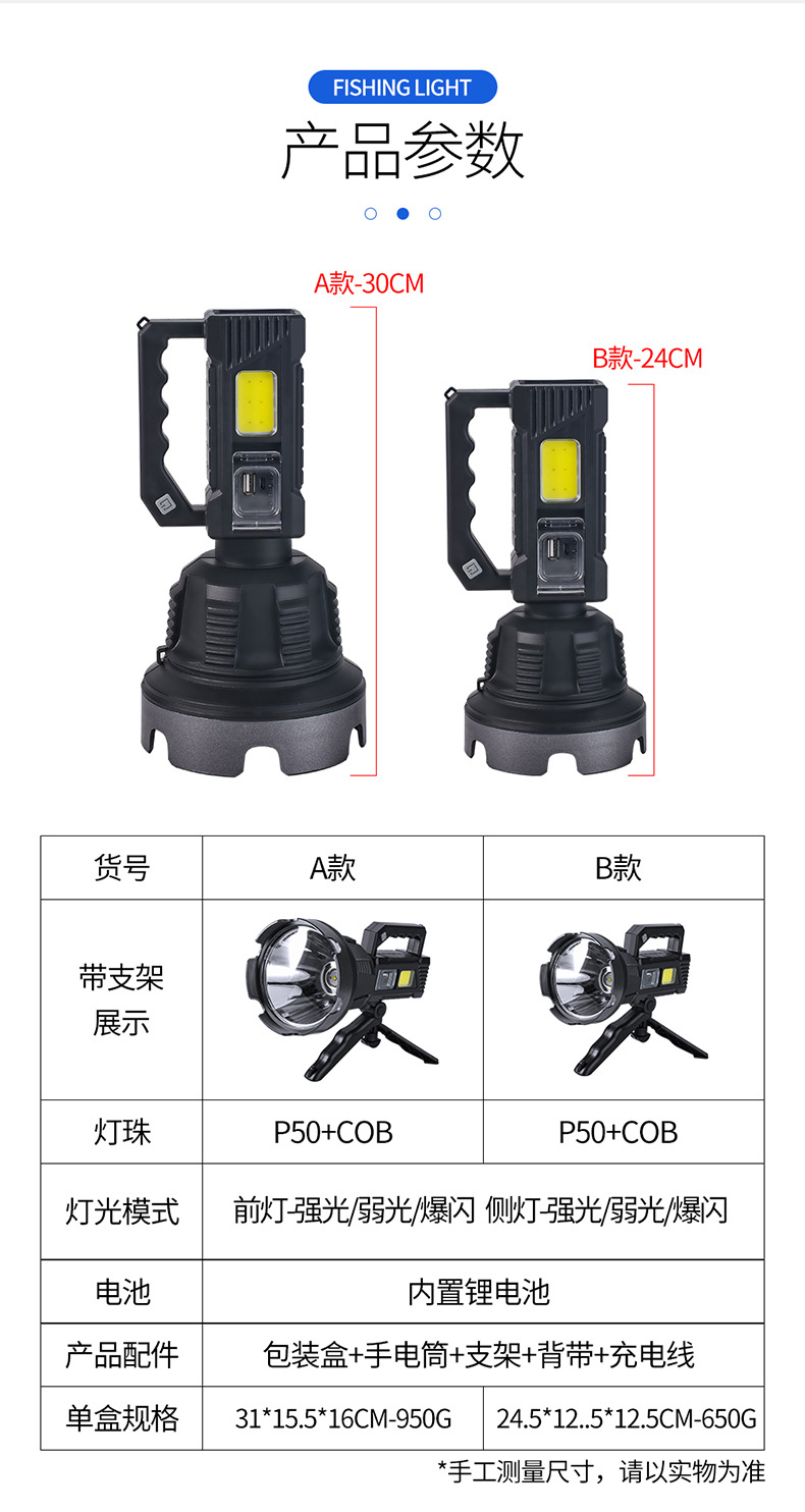 跨境户外应急XHP50强光远射探照灯户外手提式COB充电宝支架手电筒详情15