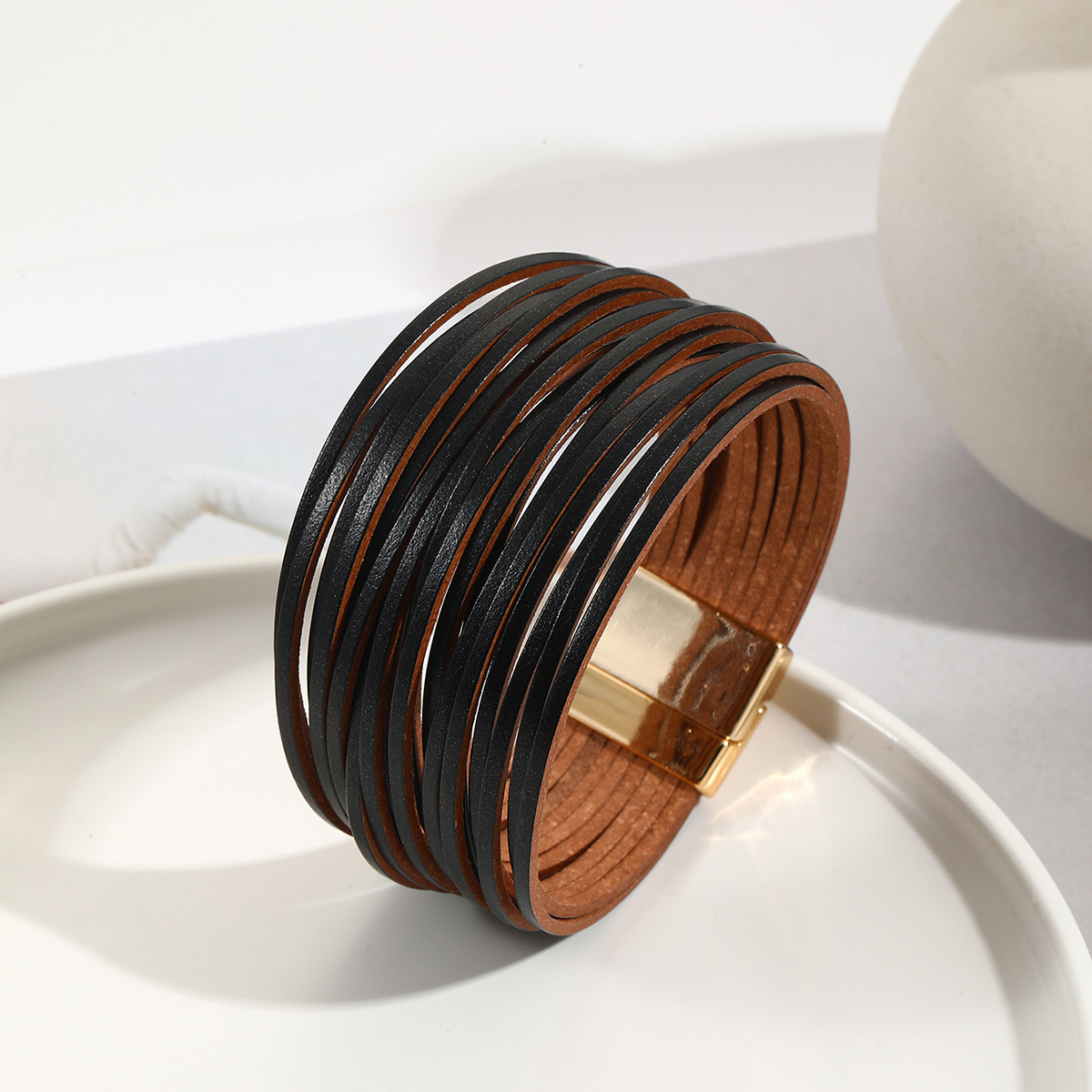 新款亚马逊多条渐变男手环皮绳混色百搭女士PU皮革皮手链磁扣手镯详情33