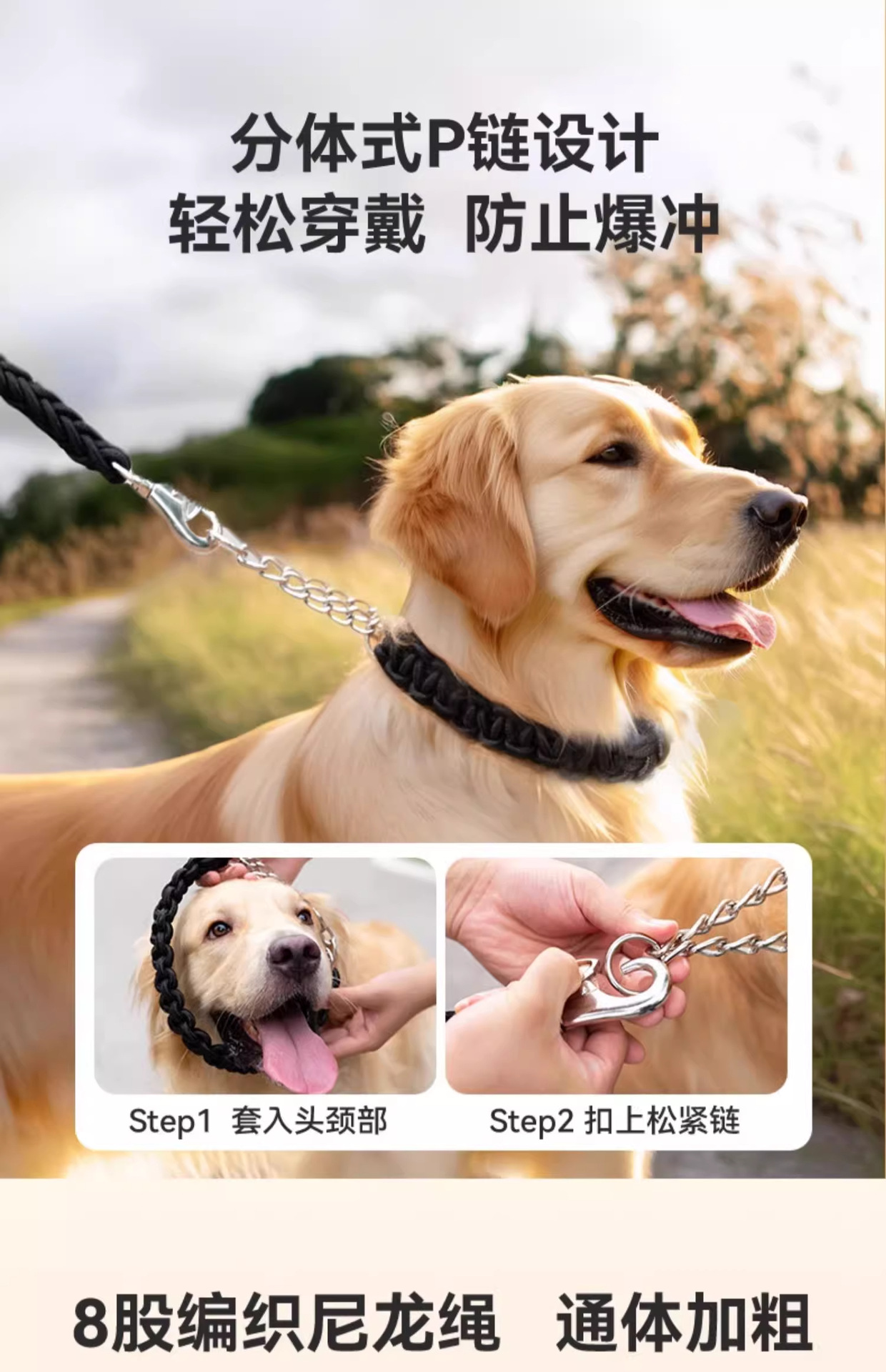 狗狗牵引绳中型大型犬金毛狗绳子拉布拉多狗链子狗脖圈狗项圈p链详情18