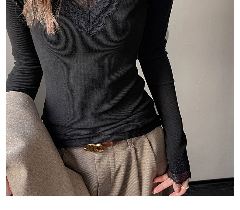 A lace-trimmed V-neck long-sleeved base layer for women, paired with a German fleece, brushed, and slimming design off-the-shoulder T-shirt for autumn and winter pic 22