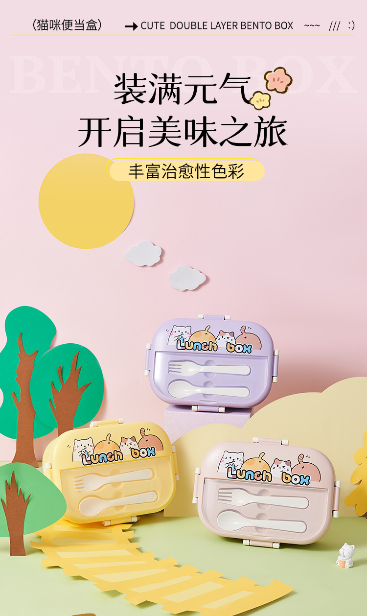 儿童卡通带叉勺饭盒小学生可爱分格便当盒食品级轻便上班族保鲜盒详情2