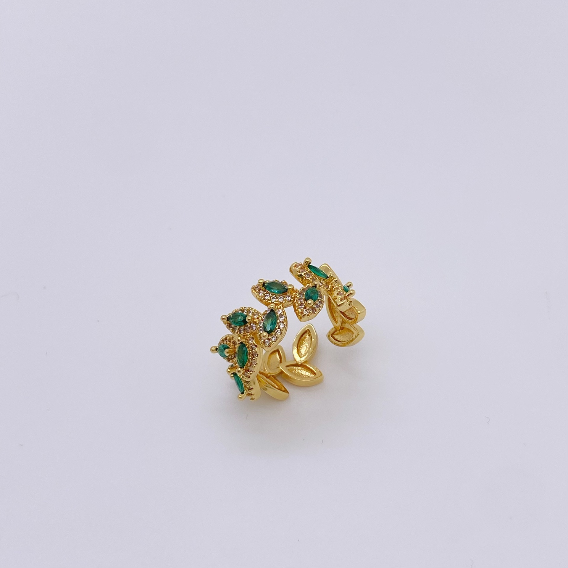 Copper-plated 18K gold sparkling light luxury high-end leaf ring bracelet set, exquisite and fashionable style set wholesale pic 7