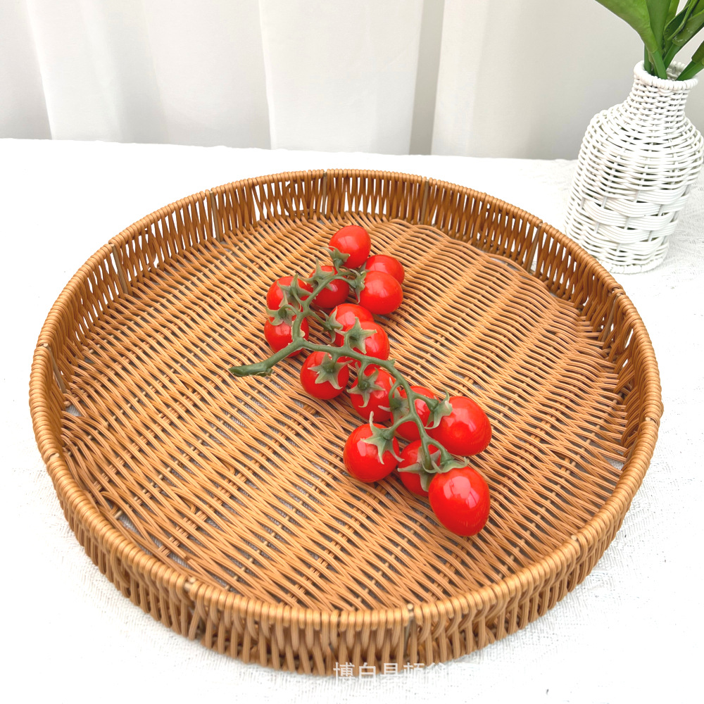 手工编织仿藤塑料圆形水果篮子零食面包收纳筐家用储物杂物工艺品礼品民间竹编详情7