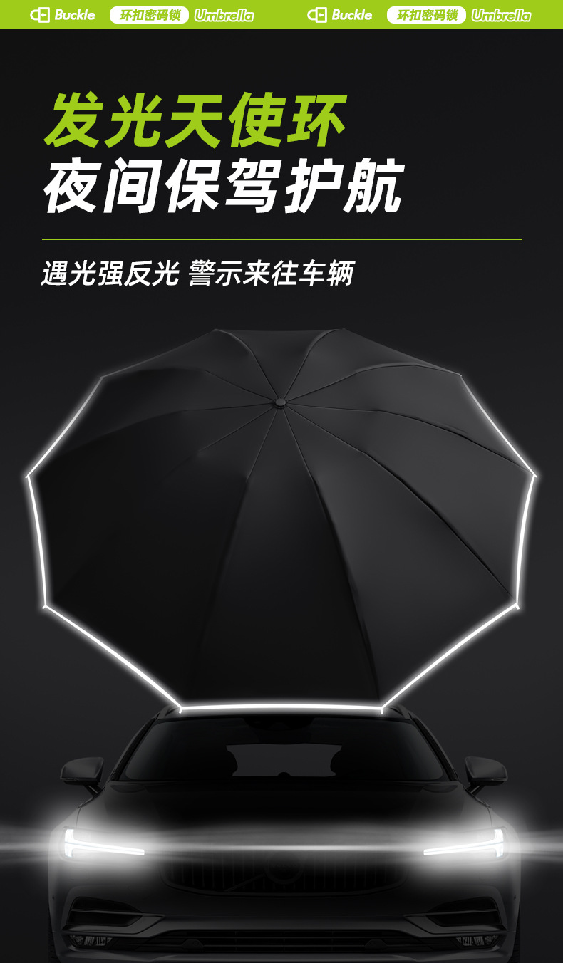 新款三折10骨280t碰击布面料抗风自动反向环扣手柄密码锁广告雨伞详情18