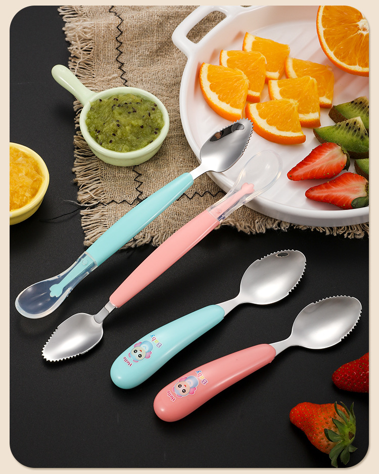 便携儿童餐具水果勺双头两用卡通宝宝硅胶刮泥勺婴儿辅食挖泥勺详情24
