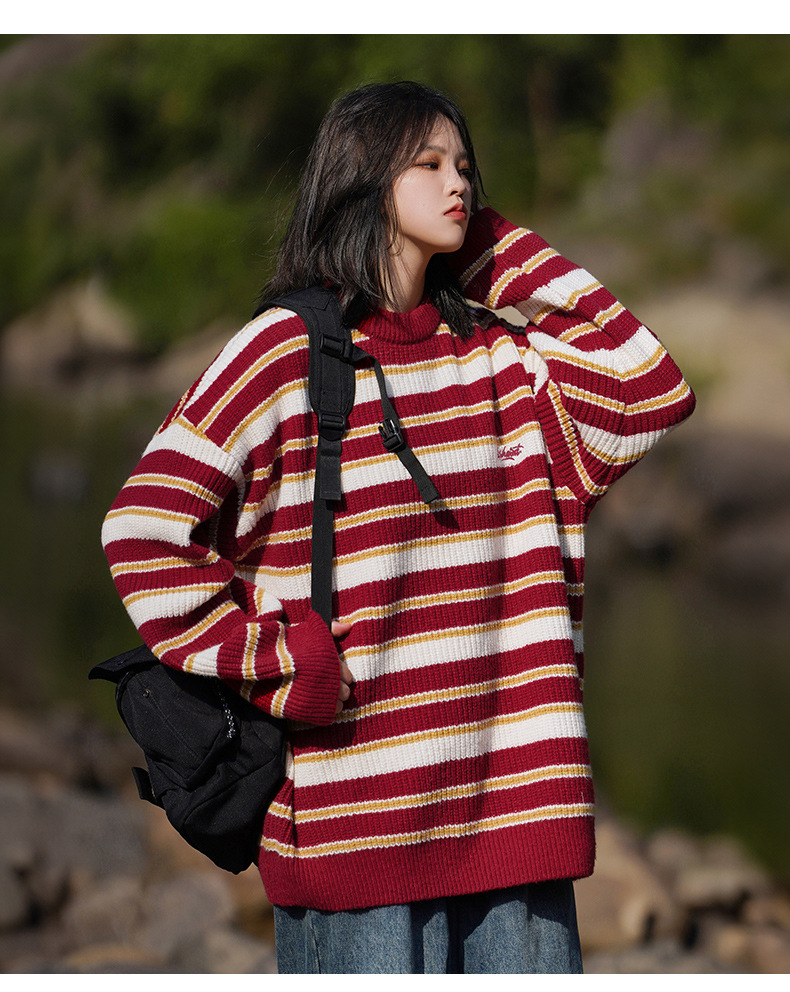 Retro color-blocking striped chunky knit sweater for both men and women, Japanese loose trendy round-neck knitted sweater jacket for autumn and winter pic 21