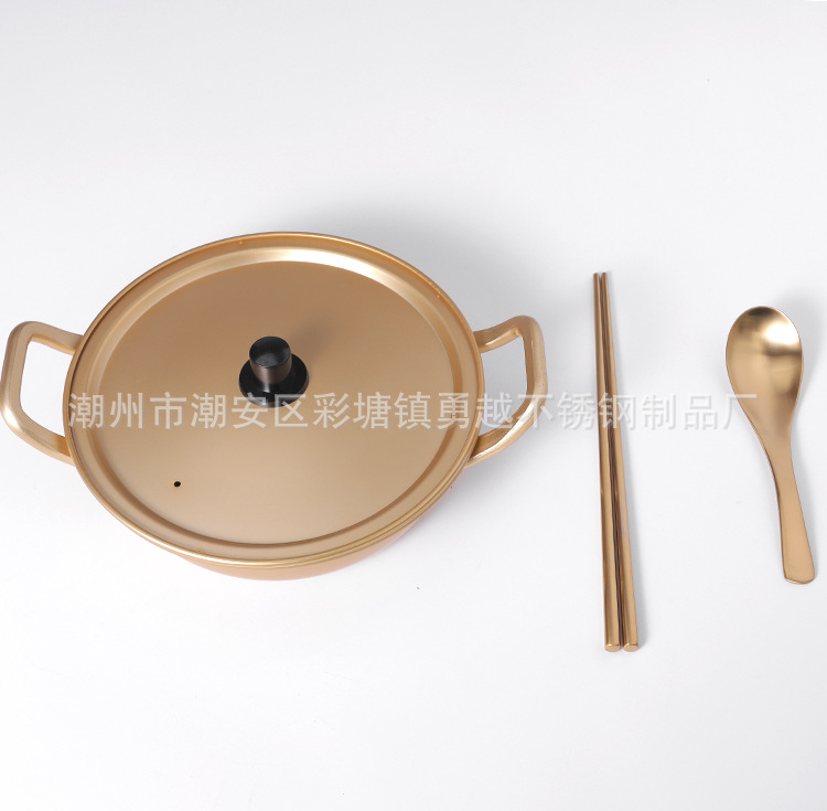 跨境韩式黄铝泡面锅家用迷你小煮锅酒店餐厅拉面锅双耳带盖汤锅详情15