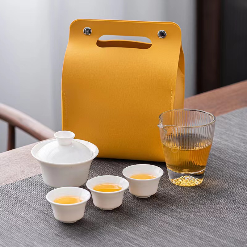 High-end jadeite porcelain outdoor travel tea set, ceramic quick guest cup, one pot, two or three cups portable gift pic 10