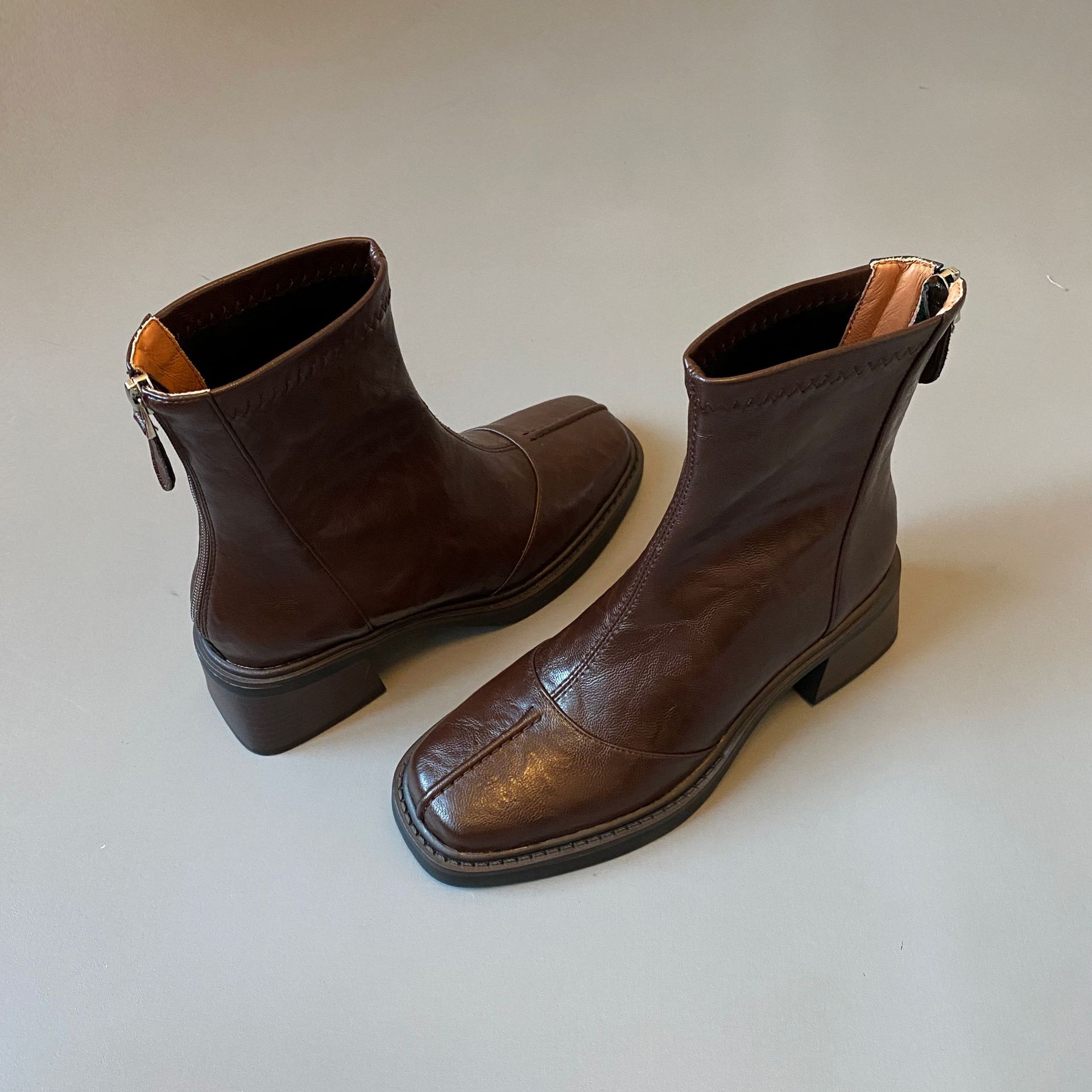 【现货】高跟方头短靴马丁靴春秋季单靴后拉链短靴女士粗跟靴子详情14