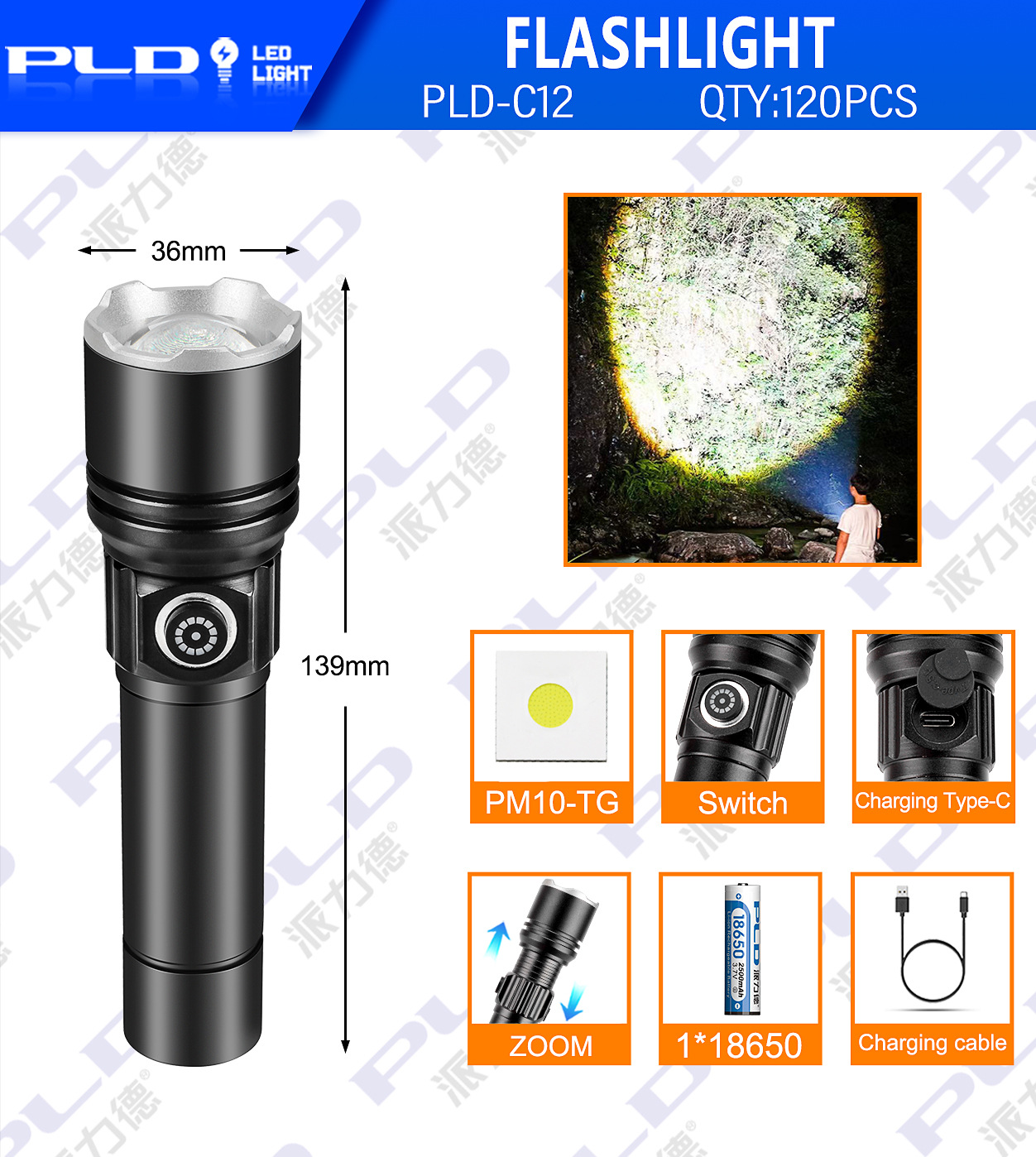 The new cross-border outdoor zoom long-range strong light flashlight, an aluminum alloy white laser multi-functional flashlight, is portable for charging pic 1