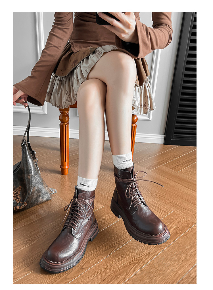 英伦复古系带厚底马丁靴秋冬季单靴精致手抓纹粗跟短靴女机车靴子详情26