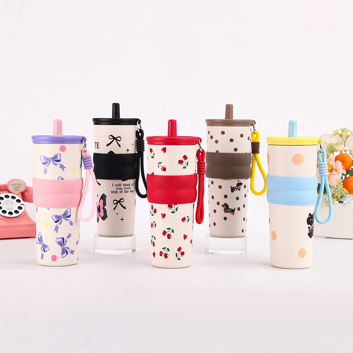 卡通插画提绳吸管杯304不锈钢真空保温杯车载保冷冰霸学生水杯详情1