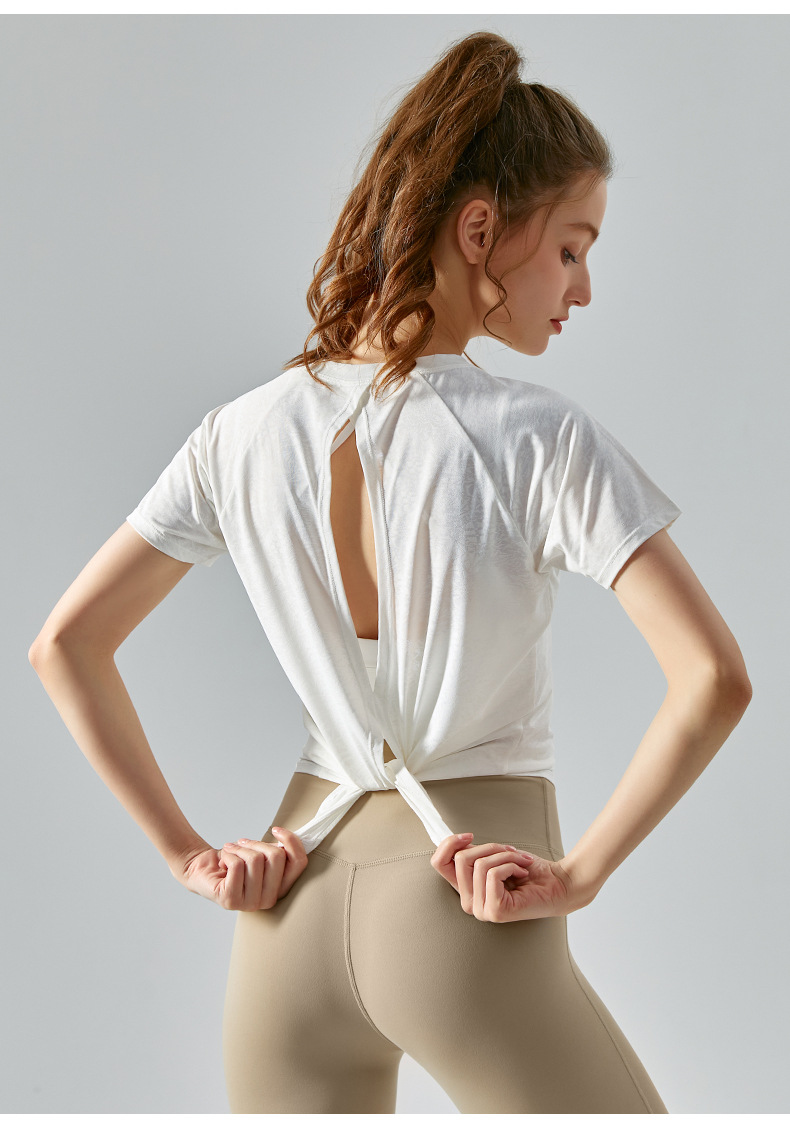 Spring and summer jacquard slit cutout yoga smock for women, light and quick-drying short-sleeved T-shirt, loose and breathable yoga wear top pic 27