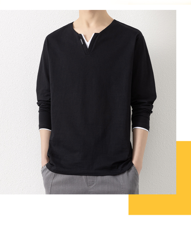 Two V-neck long-sleeved T-shirts for men, a thin spring and autumn top, pure cotton outerwear, a long Johns, a sweatshirt, and a casual base layer pic 23