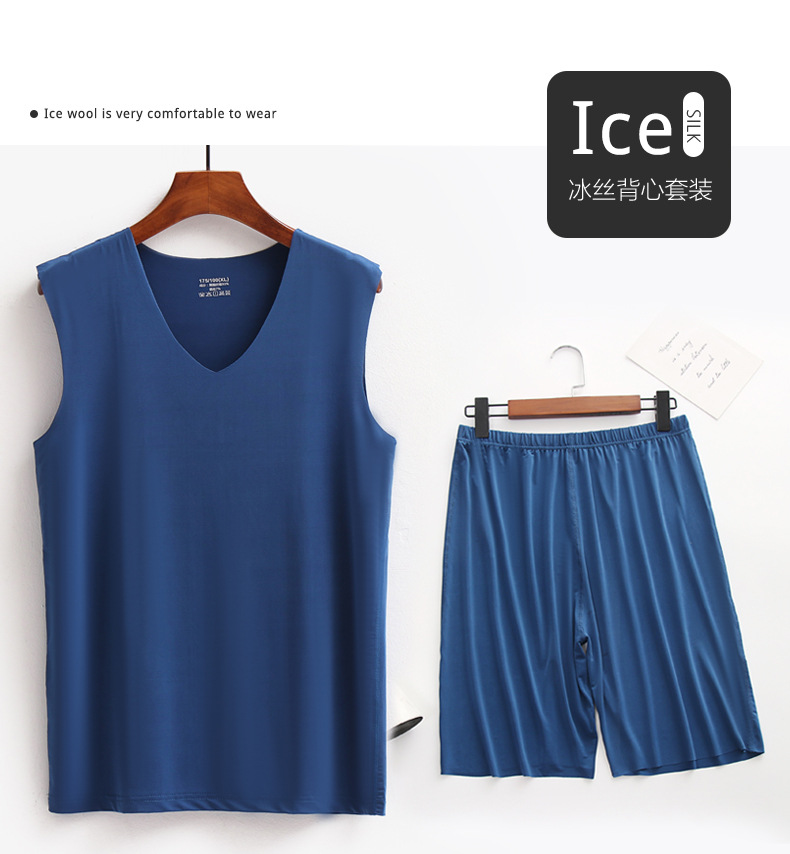 液态冰丝光丝滑无痕男士宽肩V领背心睡衣睡裤套装五分短裤家居服详情3