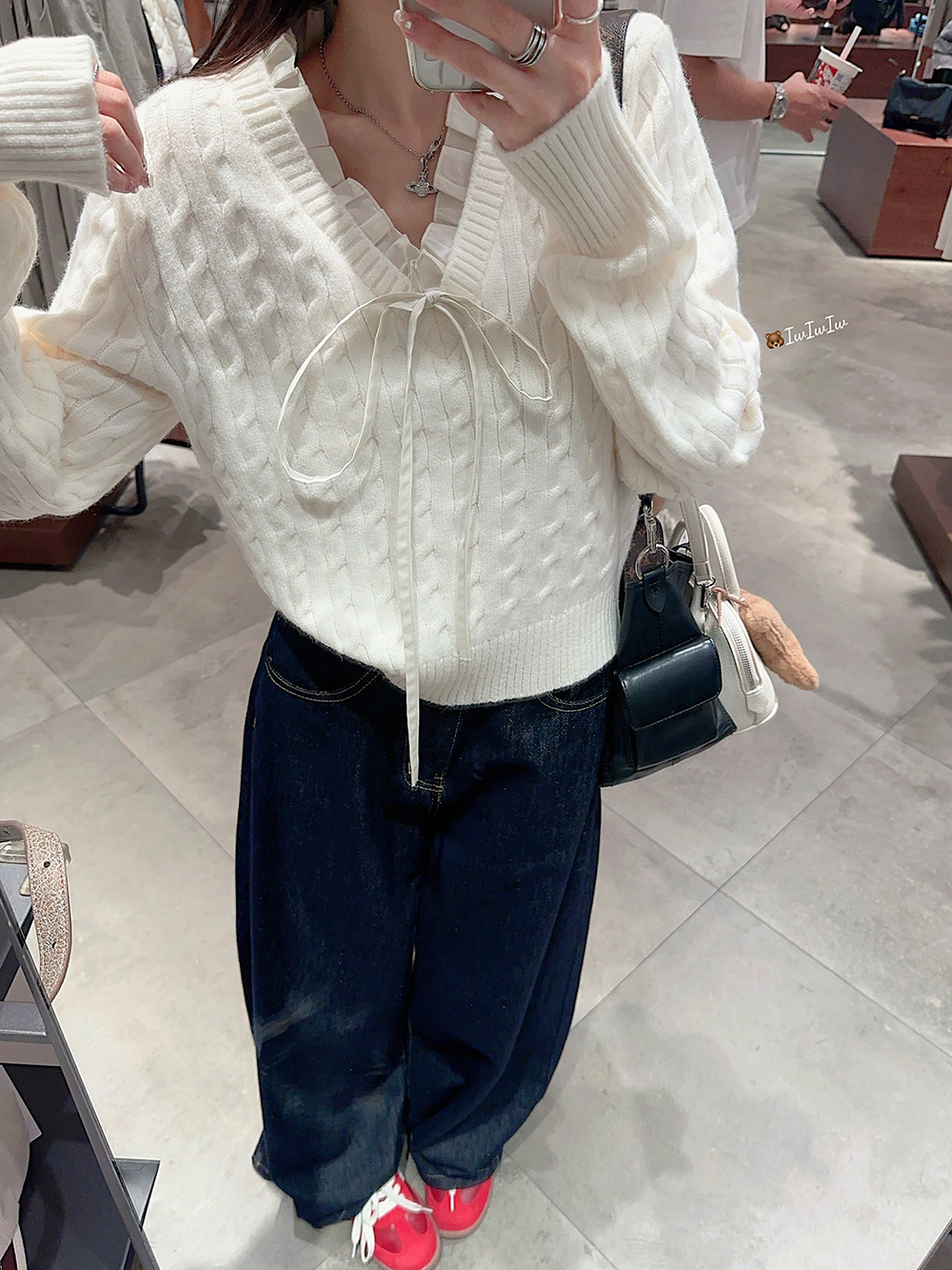 韩系学院风设计感假两件长袖毛衣针织衫女冬季蓝色温柔风修身上衣详情30