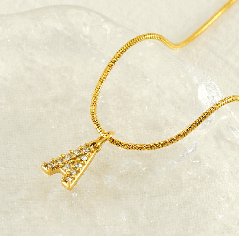 Cross-border European and American stainless steel fashion 26 English diamond-encrusted small letter necklace, simple and versatile titanium steel snake chain necklace for women pic 22