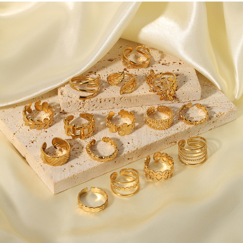 Cross-border simple ins style leaf geometric hollowed-out flower 18k gold-plated serpentine high-end multi-layer titanium steel ring for women pic 17