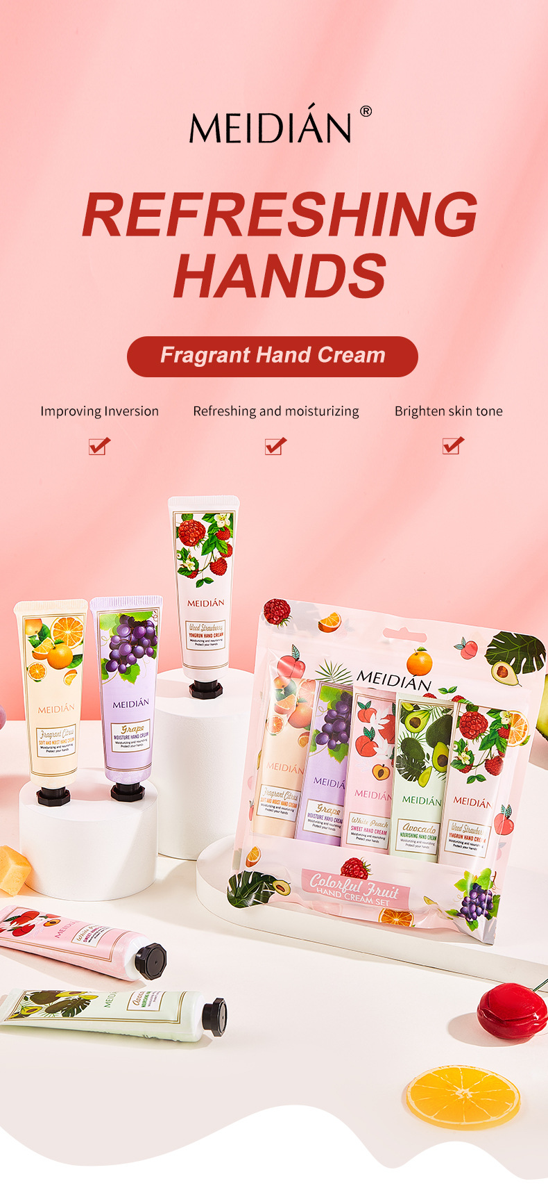 【 Exclusive for Foreign Trade 】 Wholesale of 5-bottle Set of Meidian Fruit Fragrance Hand Cream Moisturizing and Anti-Cracking Hand Cream pic 2