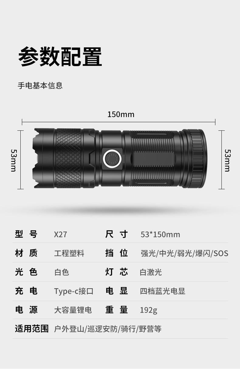 爆款强光手电筒LED多功能小钢炮超亮户外远射变焦Type- c可充电详情13