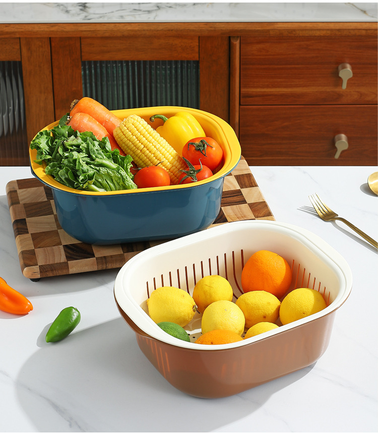 Creative household kitchen double-layer draining basket, creative fruit and vegetable washing basin, plastic multi-functional bowl and chopsticks draining pic 16