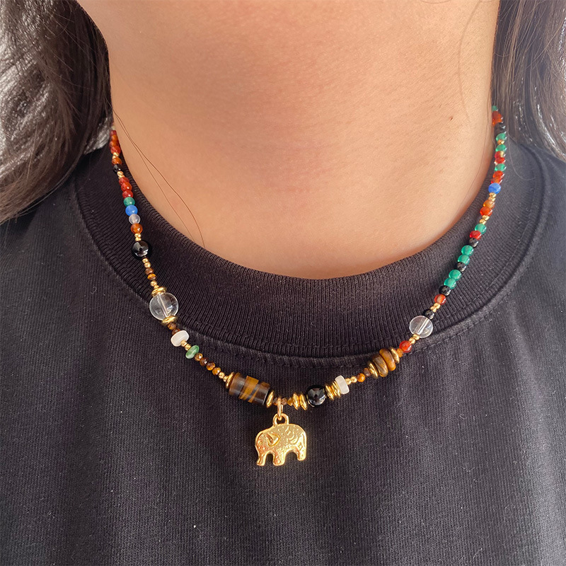 法式复古小象多巴胺串珠项链虎眼石水晶多色天然米珠小众锁骨链女详情8