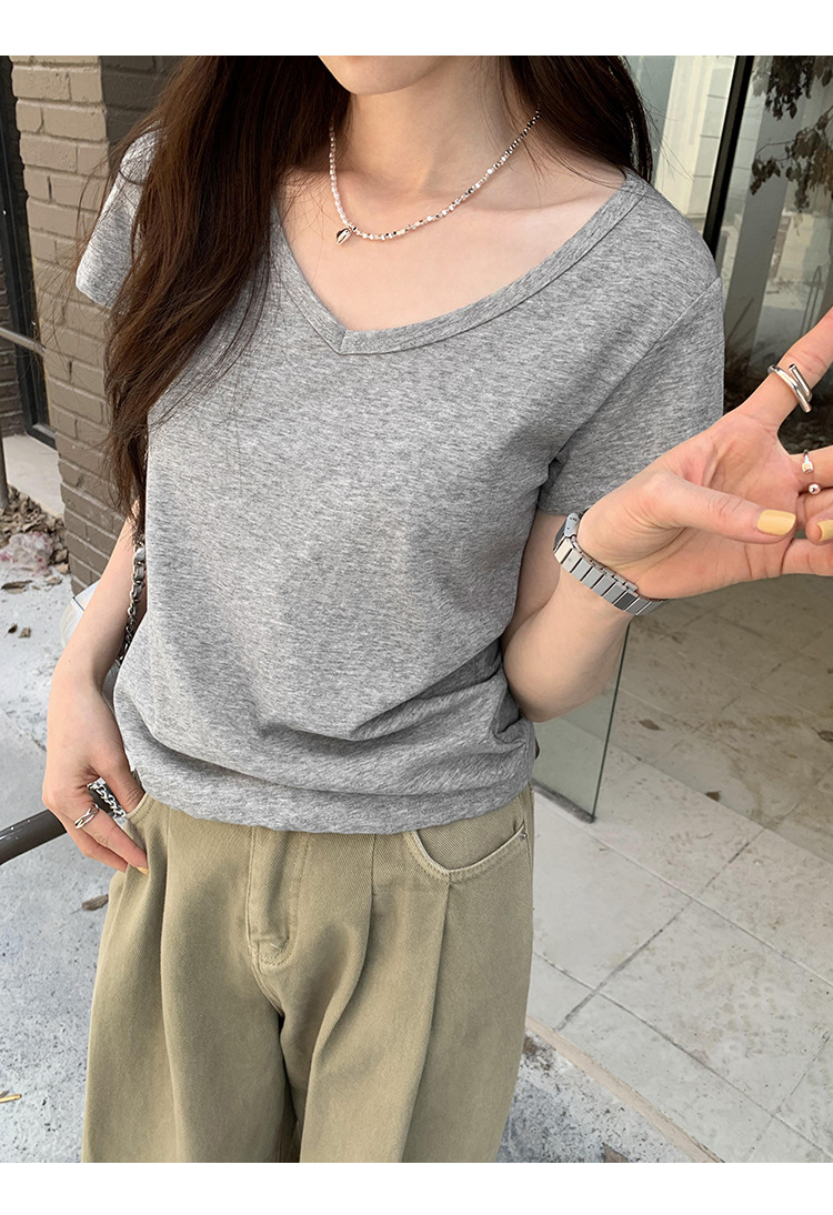 简约百搭V领纯色休闲短袖T恤女2024夏季新款轻薄透气宽松显瘦上衣详情15