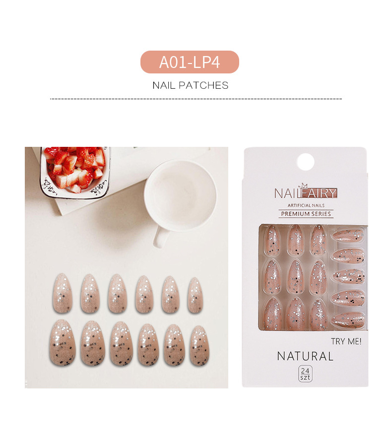 Wholesale of new cross-border glitter fake nails, pointed nails, detachable nail plates, patch nail art, sequined and fresh wearable nails pic 4