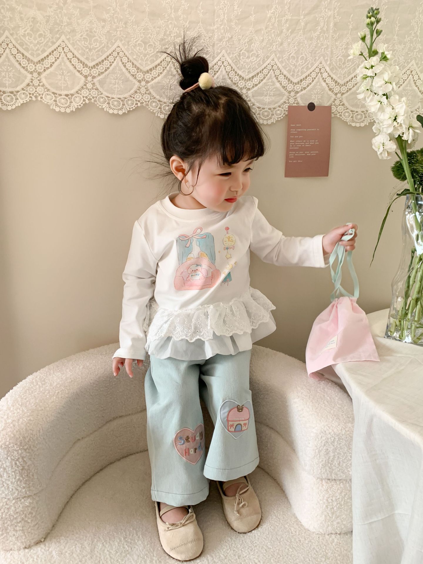 Caña pear niño niña traje primavera 2026 nuevo estilo niños korean manga larga camiseta jeans mujer bebé ropa pic 16
