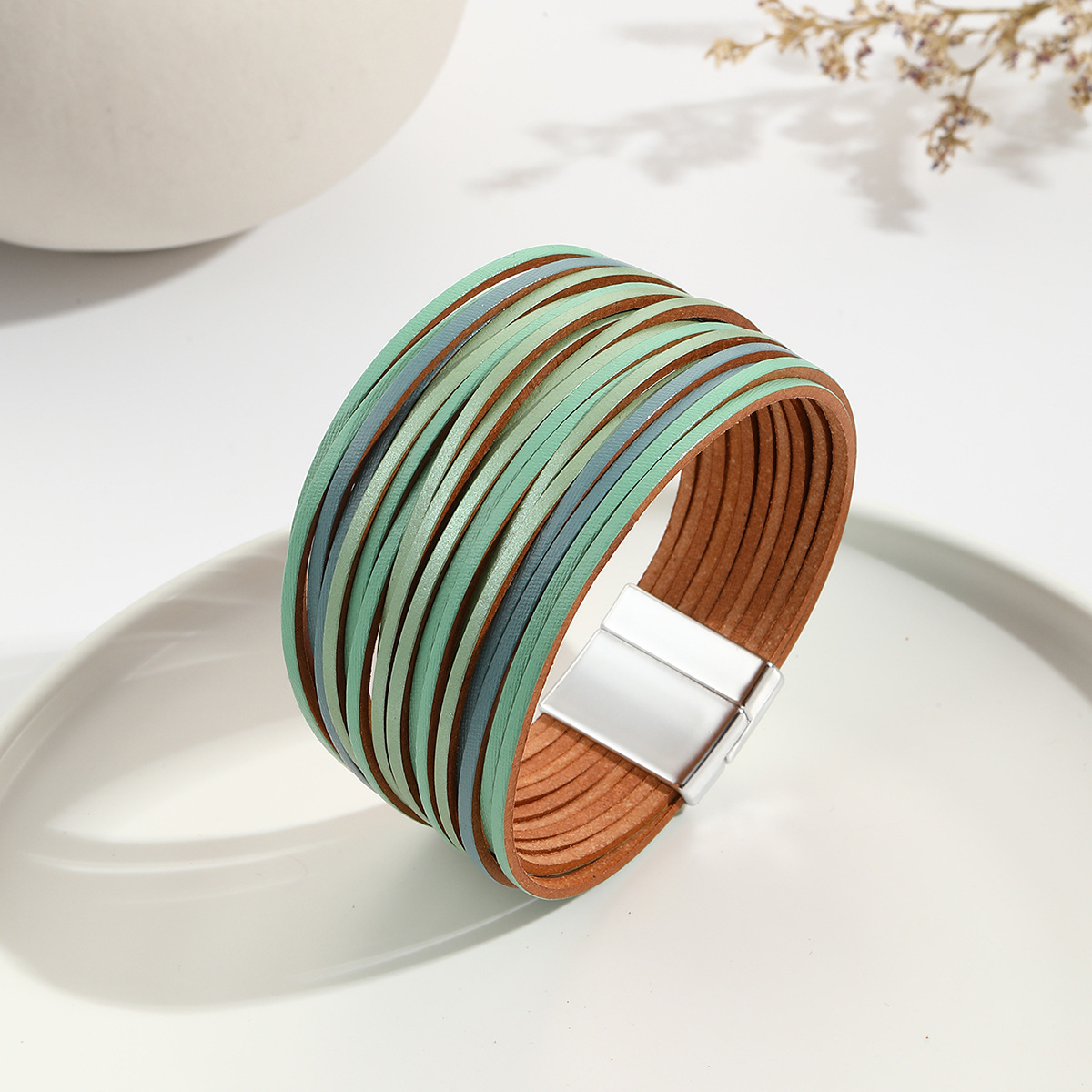 新款亚马逊多条渐变男手环皮绳混色百搭女士PU皮革皮手链磁扣手镯详情27