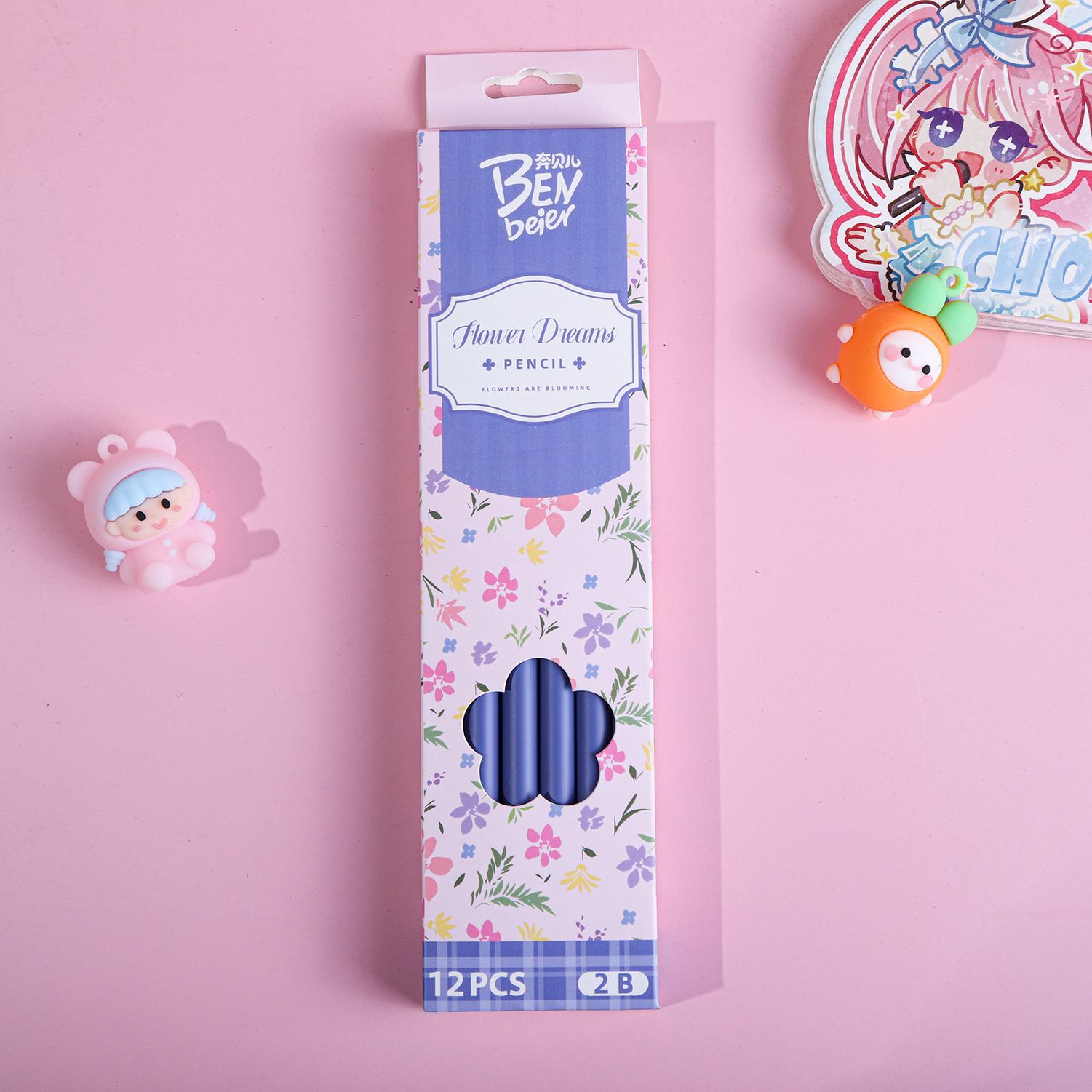 Cartoon and fresh floral print pencils, a special writing stationery for students. 12 cute 2b pencils in a box pic 9