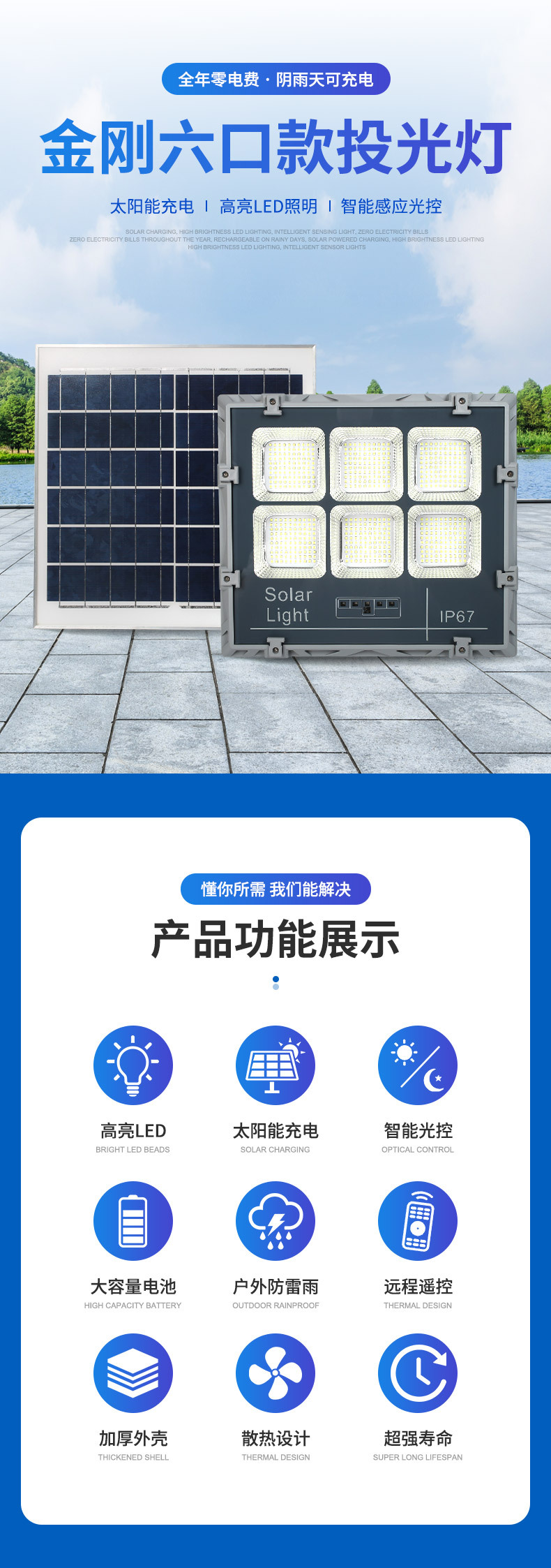 高亮度工业级太阳能投光灯星脉款正白套装灯超长续航防水防尘220V室外感应夜灯照明详情1