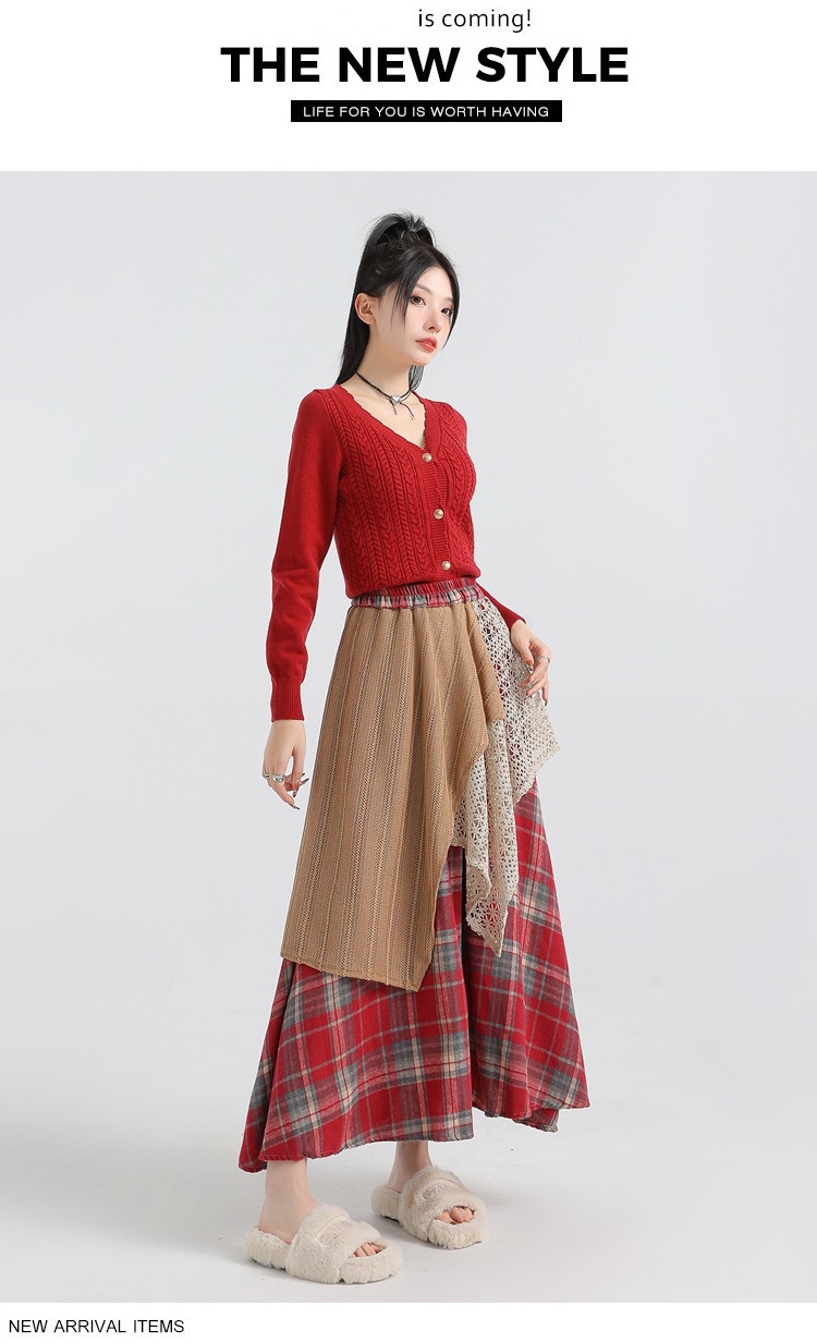 Forest-themed retro checkered skirt for women 2025 new autumn and winter design, irregularly pieced high-waisted A-line long dress pic 28