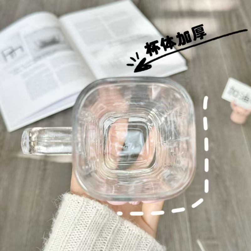 Ins-style square bow glass cup with handle, high appearance level, high-temperature resistant, cute fairy pink straw water cup pic 9