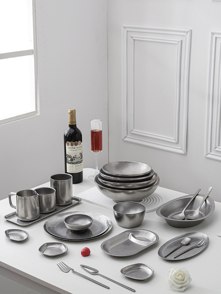 复古304不锈钢餐具 日韩做旧碗水杯骨碟深餐盘筷子长方盘烤肉火锅详情2