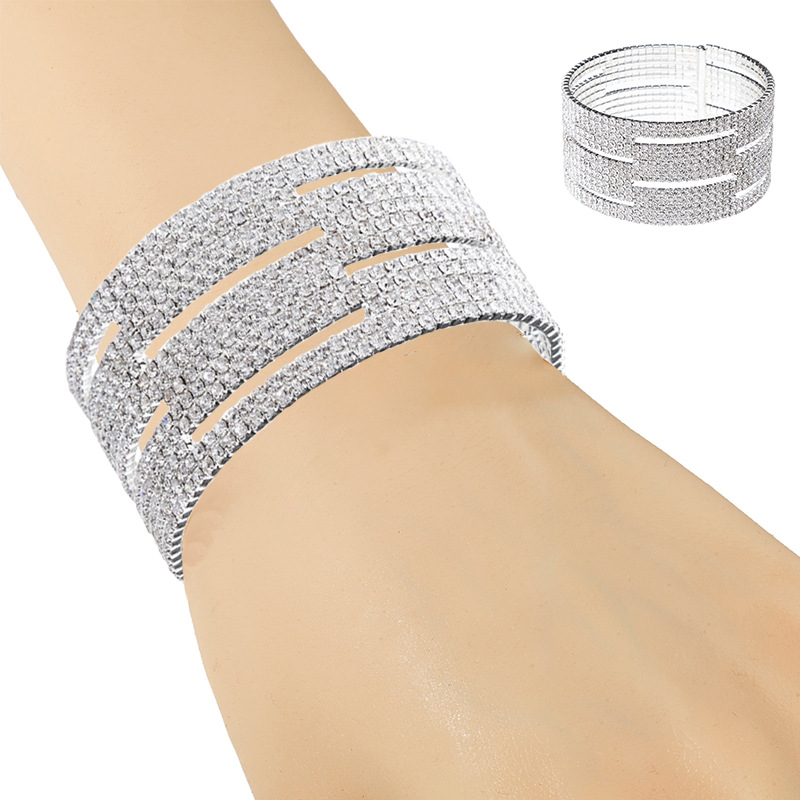 Wholesale supply of exaggerated and thick multi-layer rhinestone hollowed-out bracelets from Europe and America for banquets, balls and parties, as well as shiny and elastic diamond-encrusted jewelry pic 6